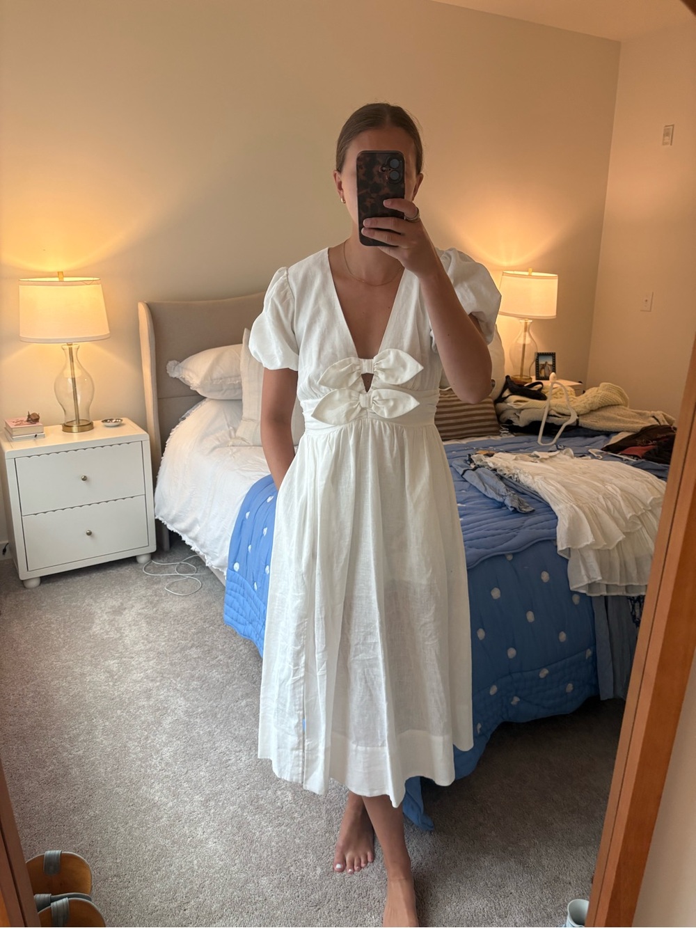 Astr White Puff Sleeve Midi Dress with Front Tie
